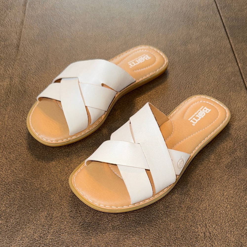 Born Cream Leather Crossover Woven Slide Sandals, Cream Sz 6 NEW